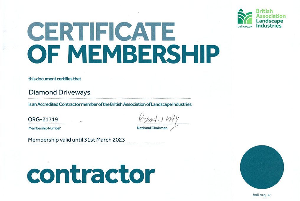 Diamond Driveways BALI Approved Contractor Certificate